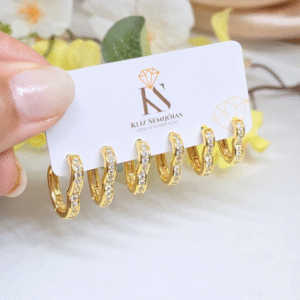 Trio de Brincos Femininos Argola Coração Click Cravejada em Zircônias (P, M e G)