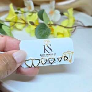 Trio de Brincos Coração Vazado Dourado – Delicados e Atemporais